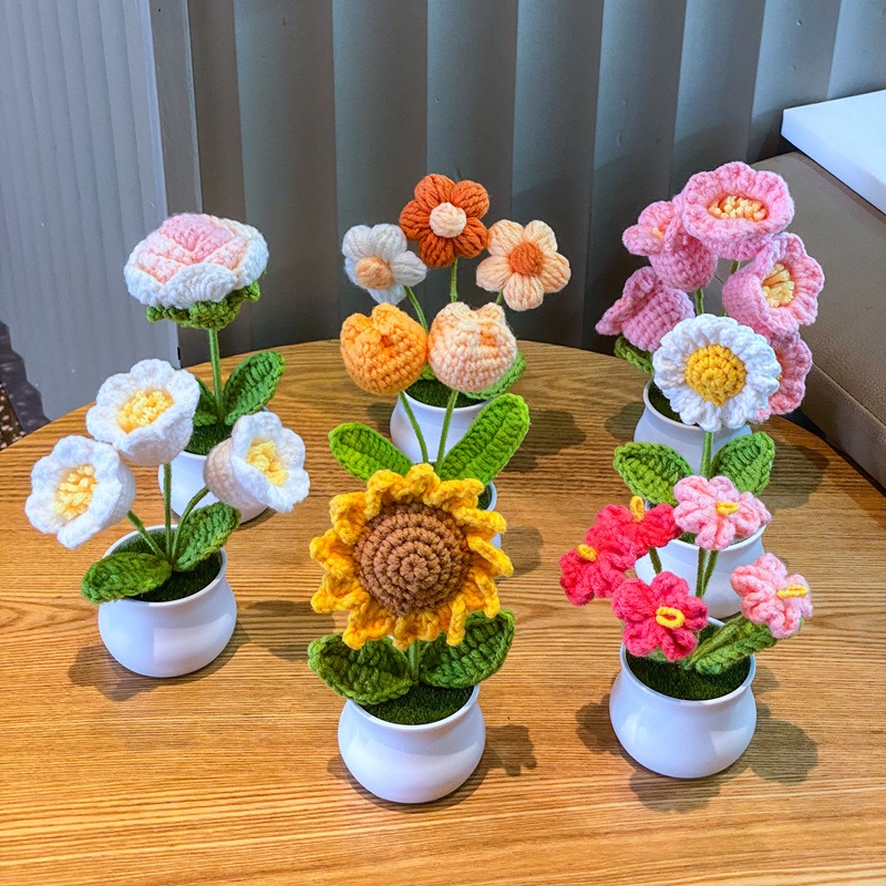Home Office Depot - 1/2/4 個 DIY 手織りミニ鉢植え花ローズオフィスデスクトップ装飾鉢植え植物毛糸完成品家の装飾