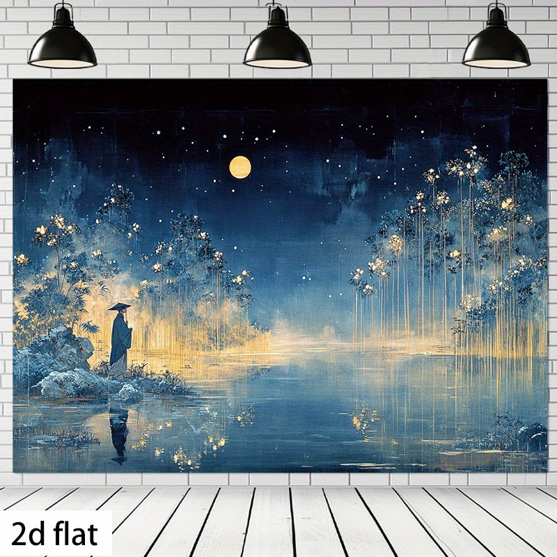Home Office Background - 2D フラット背景布 - 満月と星が輝く静かな夜景、家庭やオフィスの装飾、パーティーに最適な耐久性のあるポリエステル素材