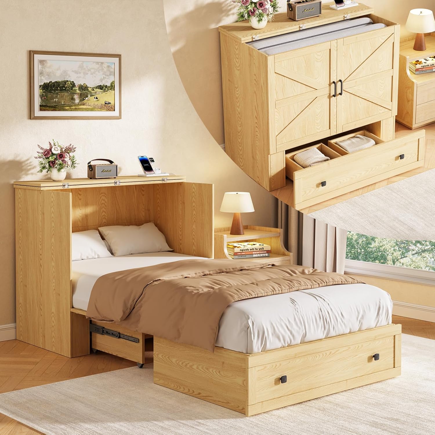 Home Office Guest Room - 省スペースのマーフィーベッドチェスト、ツインサイズ、引き出しと充電ステーション付き、折りたたみ式キャビネットベッド、ゲストルーム、寝室、ホームオフィス用、天然木スタイル
