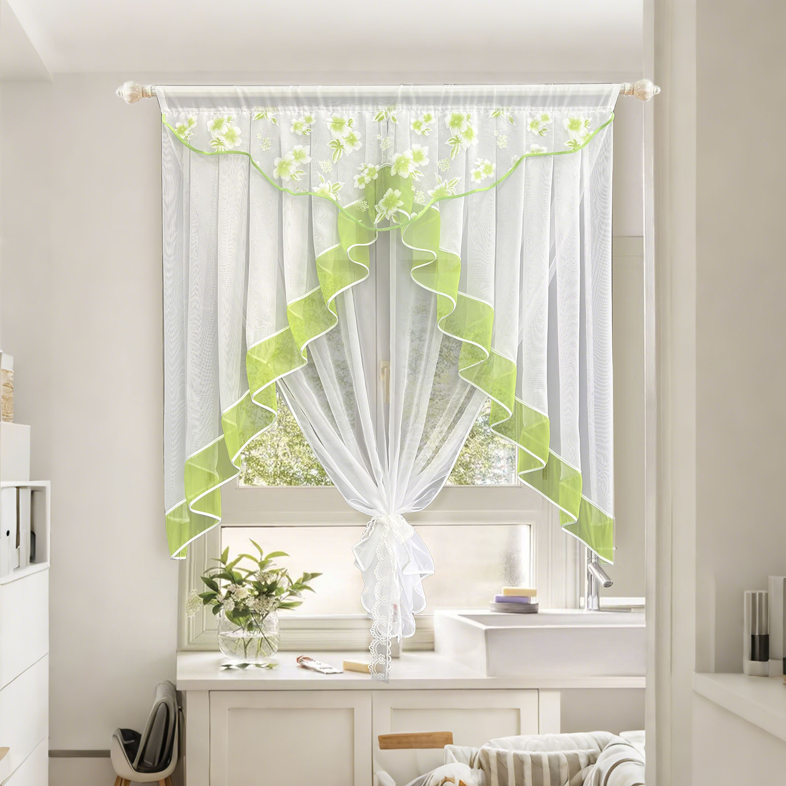 Home Office Romance - 花柄プリントシアーカーテンセットボイルウィンドウドレープ無地三層ロマンステーマリビングルームキッチンカフェ装飾用