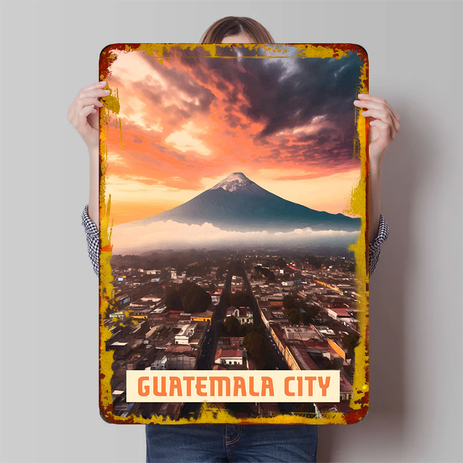Home Office Guatemala - グアテマラシティのスカイラインと火山の夕日の風景メタルウォールアート装飾ホームオフィス用