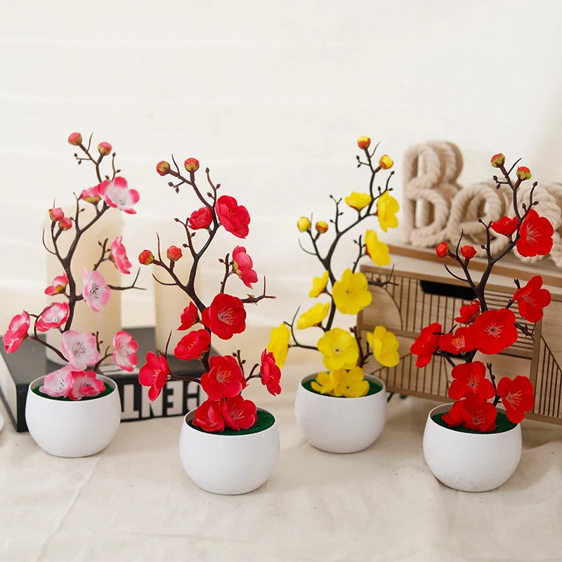 Home Office Background - シミュレーション梅の花鉢植え人工プラスチック造花ホームオフィスデスクトップ装飾品結婚式パーティー背景装飾
