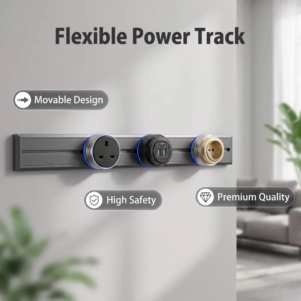 Home Office Of Uk - スチールフレーム付き壁掛け電源トラックソケット、可動式ソケット、プラグアダプター、USB Type Cポート、家庭、キッチン、バスルーム、オフィス用