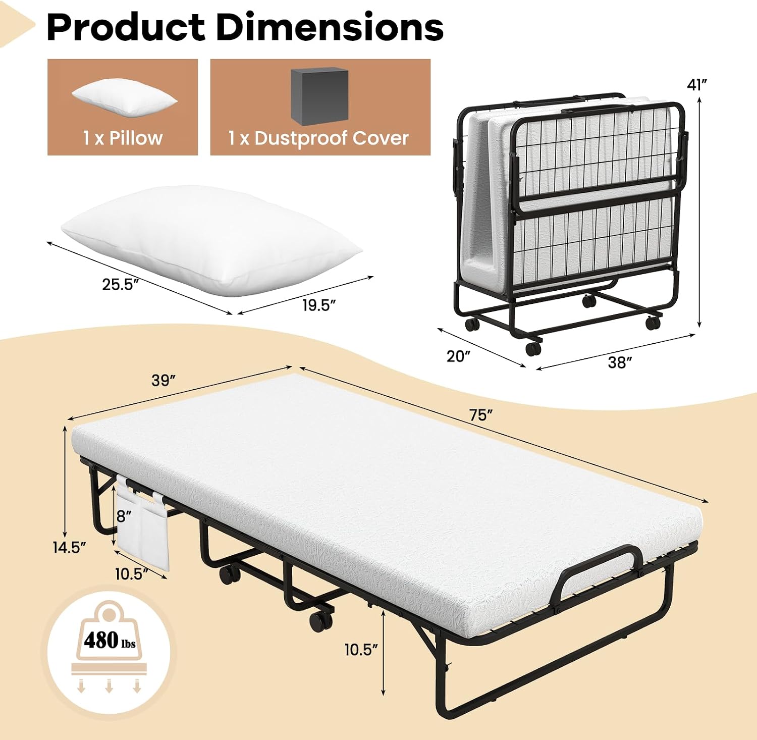 75インチ折りたたみベッド、マットレスと枕付き、ツインサイズ - Home Office Guest Room のレビューと価格