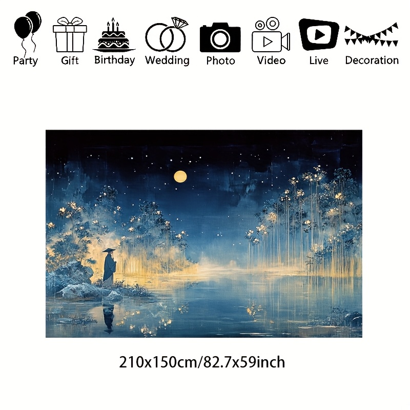 2D フラット背景布 - 満月と星が輝く静かな夜景、家庭やオ - Home Office Background のレビューと価格