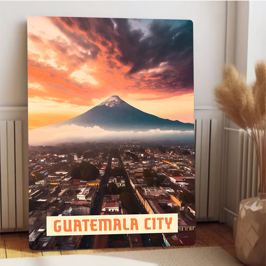 グアテマラシティのスカイラインと火山の夕日の風景メタルウォー - Home Office Guatemala のレビューと価格