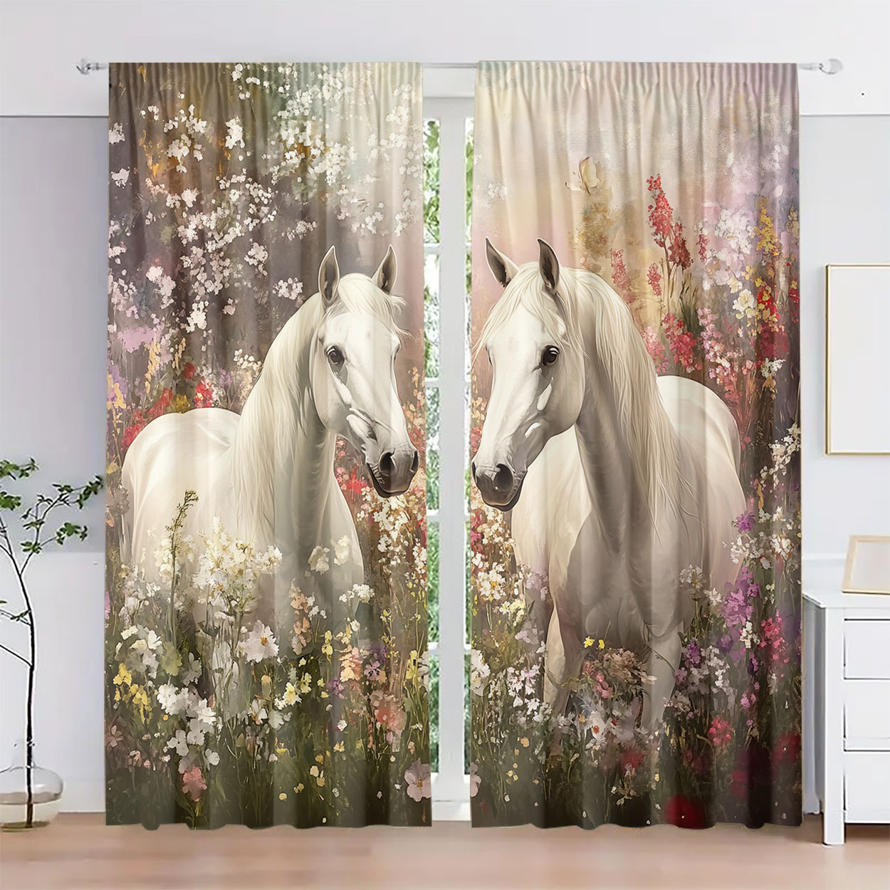 美的馬柄花柄カーテンペアセット高級白馬自然プリント窓用ドレー - Home Office Romance のレビューと価格